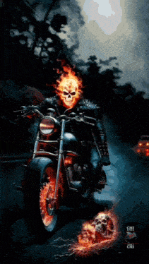 a ghost rider riding a motorcycle with a skull on it