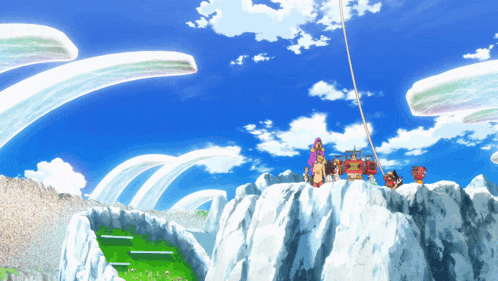 a group of cartoon characters standing on top of a snowy mountain