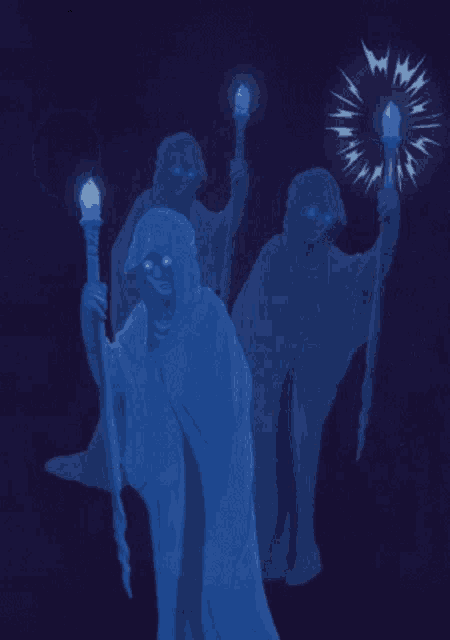 a group of ghosts holding glowing wands in their hands