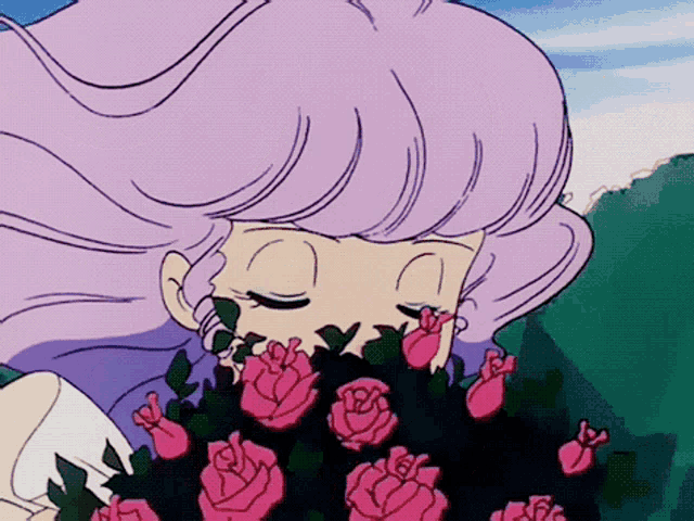 a cartoon girl with purple hair smelling roses