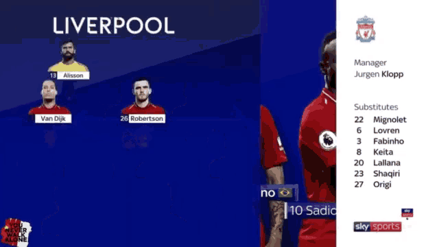 a liverpool soccer team is displayed on a sky sports screen