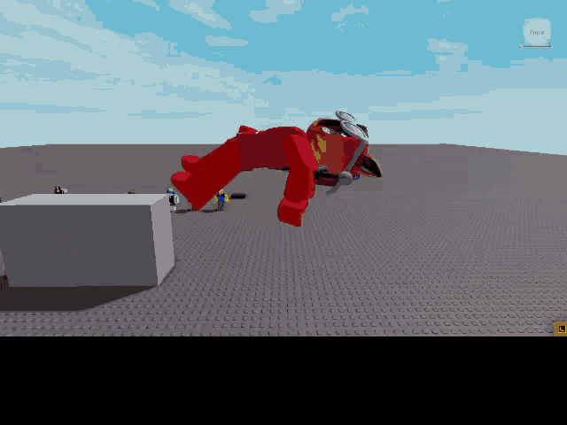 a screenshot of a video game shows a red robot jumping over a white block