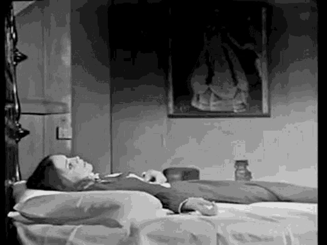 a woman is laying in a hospital bed with a painting on the wall .