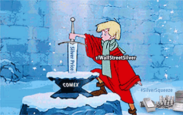 a cartoon of a man holding a sword that says " silver price "
