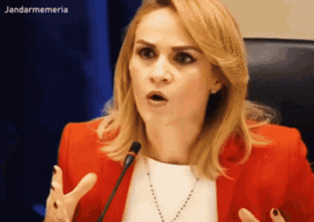 a woman in a red jacket is speaking into a microphone with the words jandarmemeria written above her