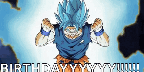 a cartoon of a man with blue hair and the words `` birthday yy yy !!! ''
