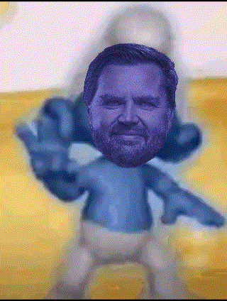 a cartoon of a man with a purple beard and blue shirt