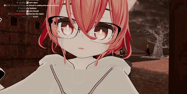 a screenshot of a video game with a girl wearing glasses and a tree in the background