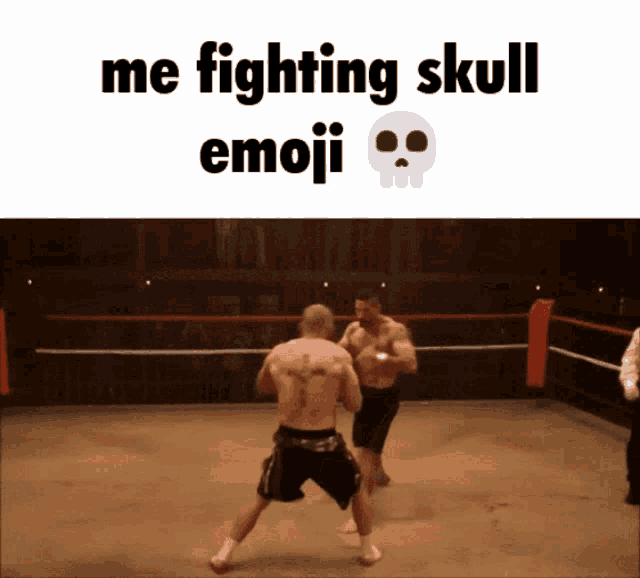 two men are fighting in a boxing ring with the words me fighting skull emoji above them