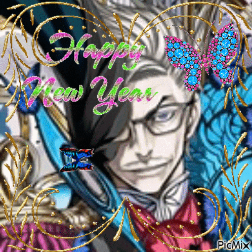 a picture of a man with glasses and the words happy new year on it