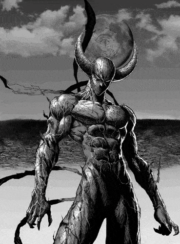 a black and white drawing of a demon with horns on his head