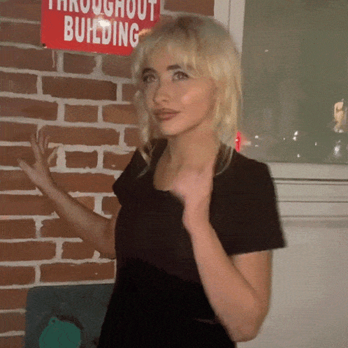 a woman stands in front of a brick wall with a red sign that says throughout building