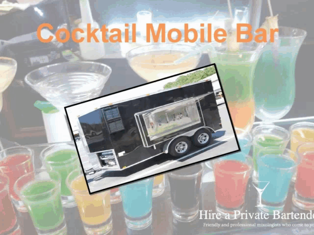 a picture of a cocktail mobile bar surrounded by shot glasses of different colored liquids