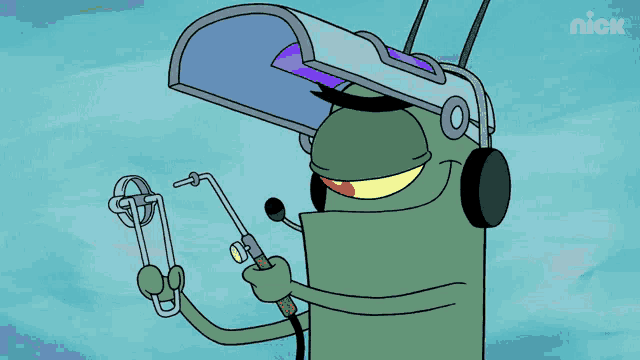 a cartoon character is wearing a welding helmet