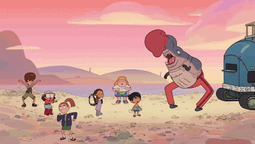 a group of cartoon characters are standing on a beach near a blue vehicle that says cb on the back