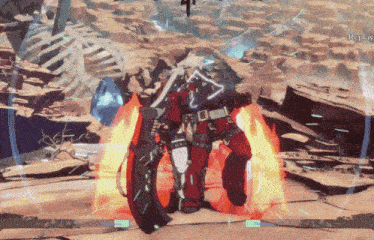 a video game character is standing in front of a skeleton and fire