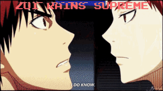 two anime characters are looking at each other with the words zui rains supreme written above them