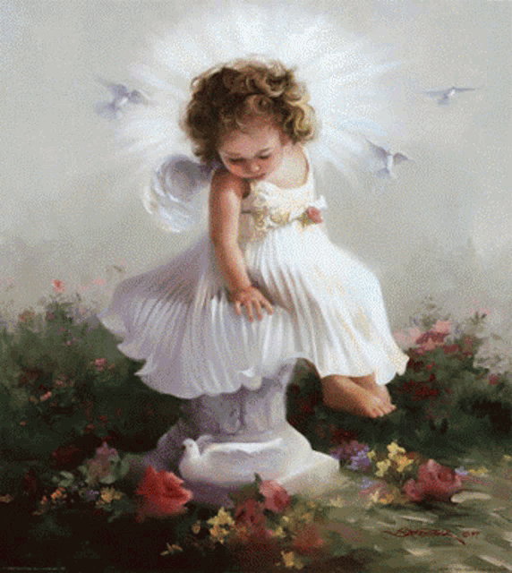 a painting of a little girl in a white dress sitting on a pedestal