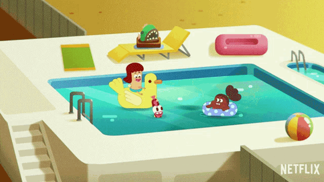 a cartoon of people in a swimming pool with a netflix logo on the bottom