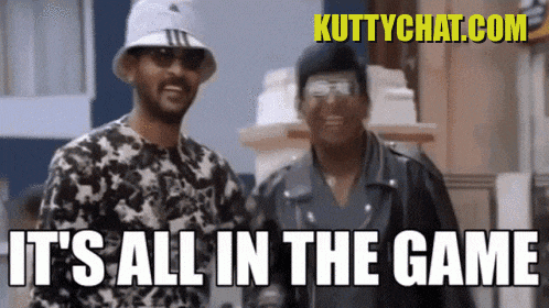 two men are standing next to each other with the words " it 's all in the game "
