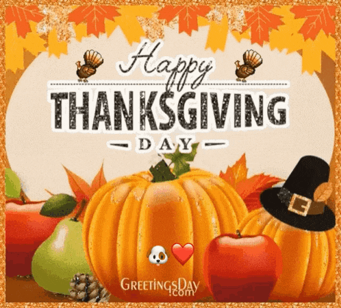 a happy thanksgiving day greeting card with pumpkins apples and leaves