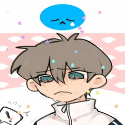 a drawing of a boy with a sad face and a blue ball on his head