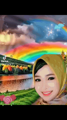 a woman in a yellow hijab is smiling in front of a rainbow