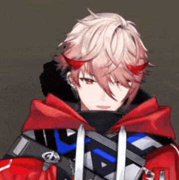 a close up of a person wearing a red hoodie and horns
