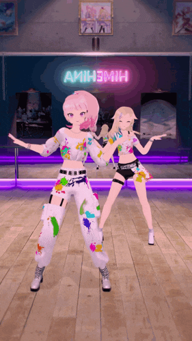 two anime girls are dancing in front of a sign that says amih3mih