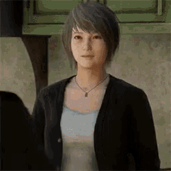 a woman is standing in front of a green cabinet in a video game .