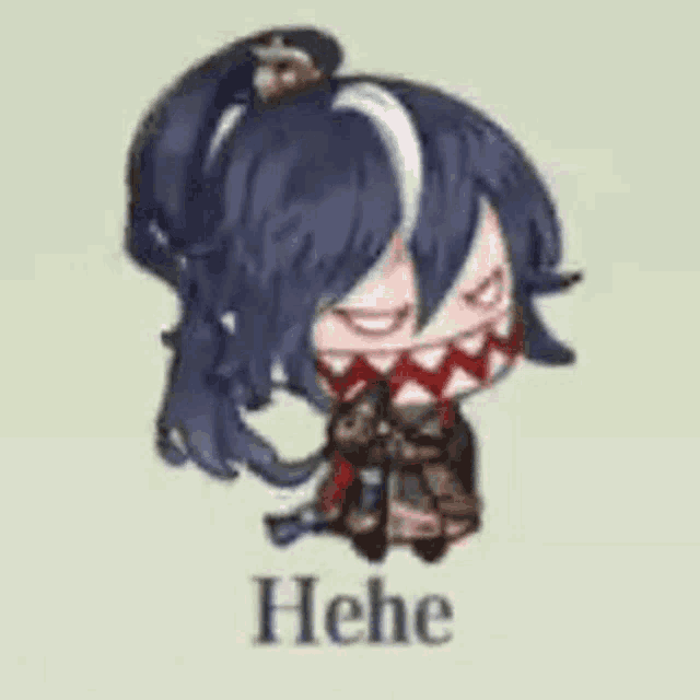 a cartoon character with a ponytail and the word " hehe " underneath it