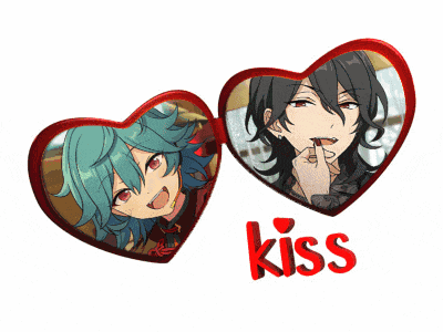 a couple of hearts with the word kiss in red