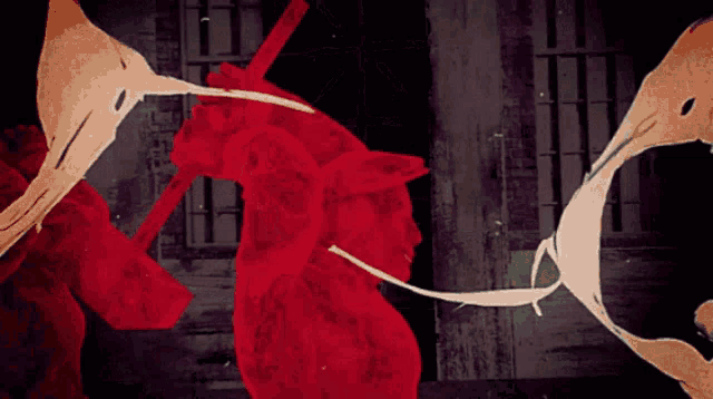 a painting of a red heart with a bird 's head in the background