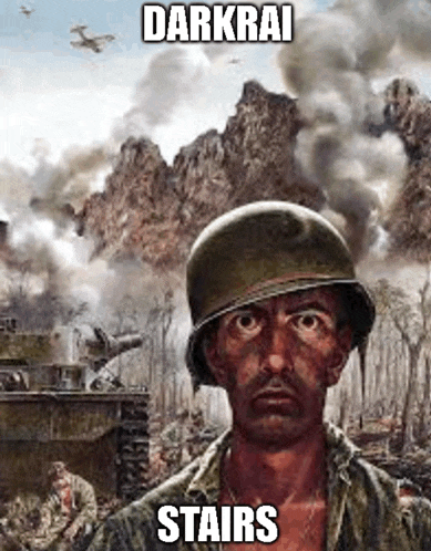 a painting of a soldier wearing a helmet with the words `` darkrai stairs '' on it .