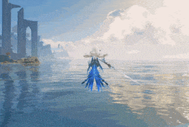 a woman in a blue dress is standing in a body of water
