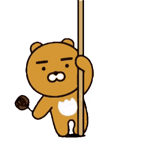 a cartoon bear is standing on a pole holding a flower .
