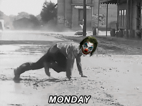 a black and white photo of a clown doing push ups with monday written in the corner