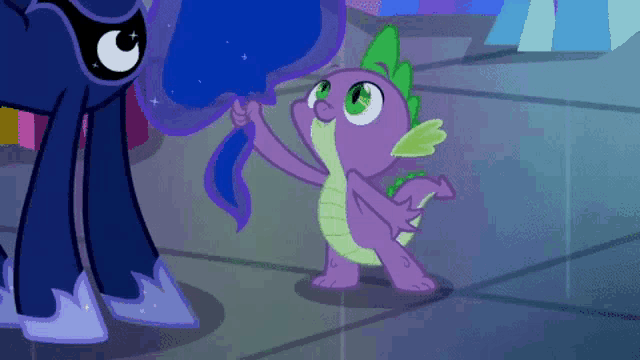 a cartoon of a dragon standing next to a pony