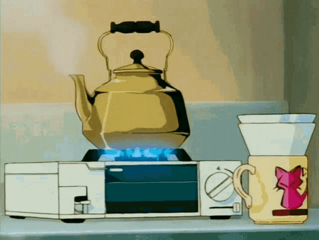 a cartoon drawing of a kettle on a stove top