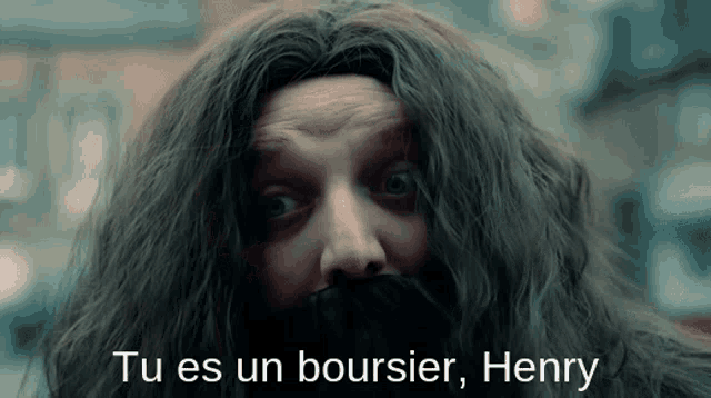 a man with long hair and a beard has the words tu es un boursier henry above him