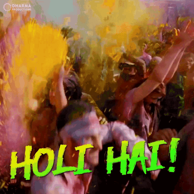 a group of people are celebrating holi with the phrase holi hai