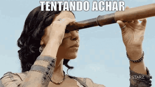 a woman is looking through a telescope with the words tendando achar above her .