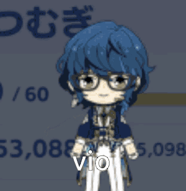 a cartoon character with blue hair and glasses is holding a magnifying glass and says vio