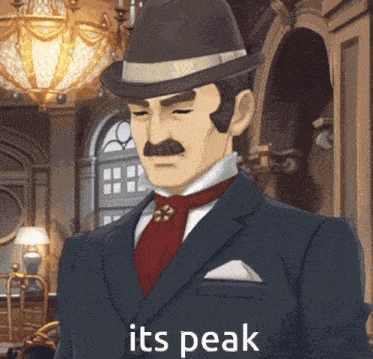 a man in a suit and hat with the words its peak written below him