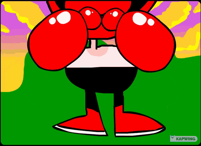 a cartoon character with red gloves and a blue sphere that says kapwing on the bottom right