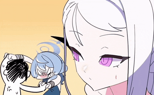a cartoon of a girl with purple eyes holding a boy 's head