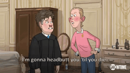 a showtime cartoon shows a judge and a woman talking