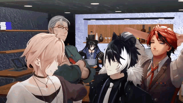 a group of anime characters are posing for a picture in a room