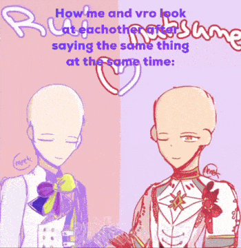 a drawing of two people with the words " how me and you look at eachother after saying the same thing at the same time " on it
