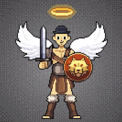 a pixel art of an angel holding a sword and a shield